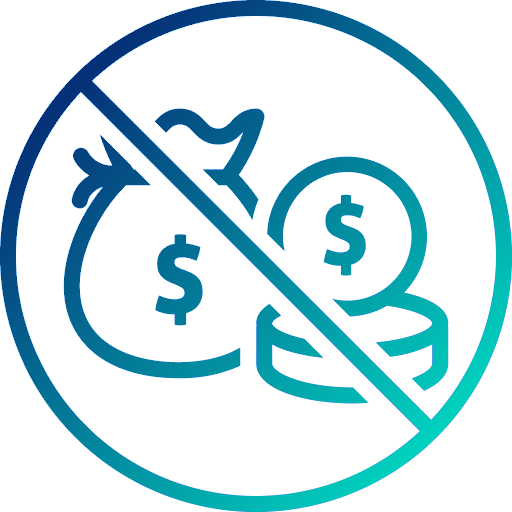 icon illustration of a bag of money and coins with a circle with a diagonal line going across it, representing the years of unpaid labor a tattoo artist apprentice typically deals with