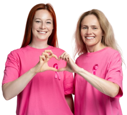 Two smiling women supporting breast cancer awareness